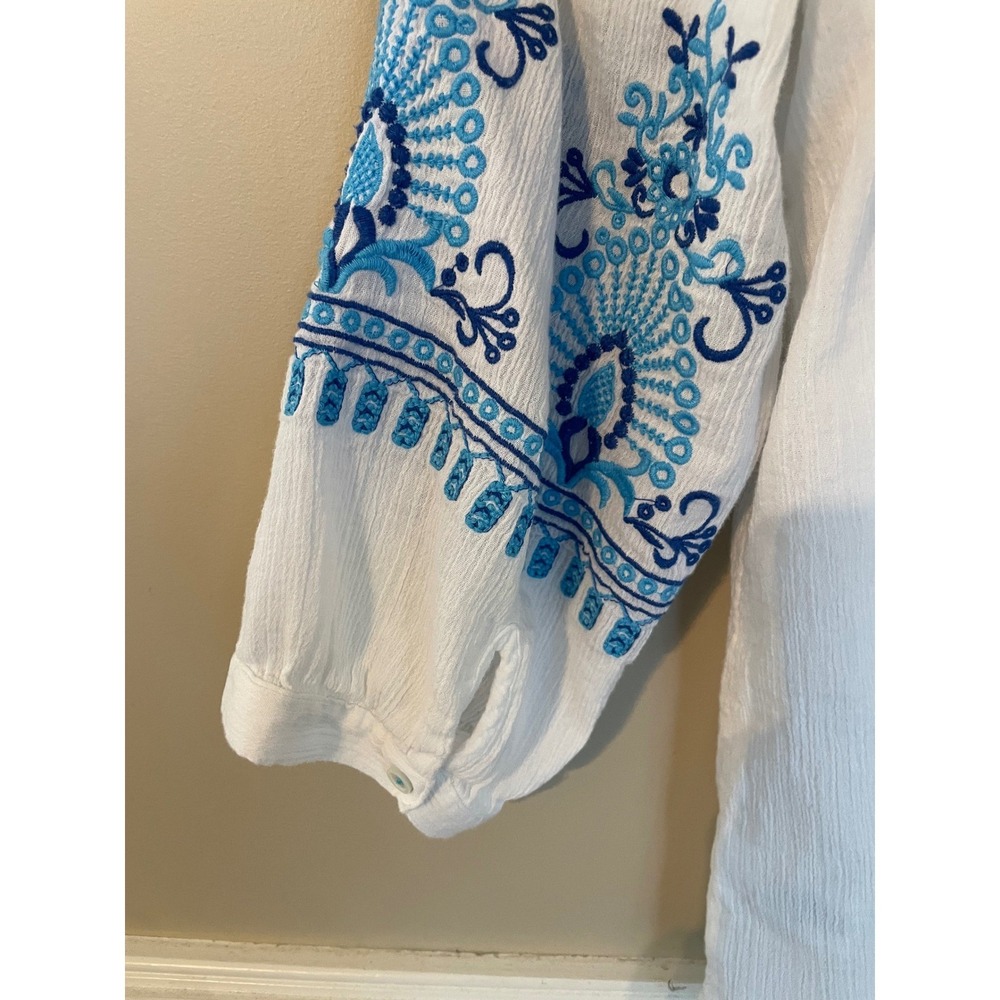 Talbots Size L Gauze Popover Tunic Top‎ White Blue Embroidered Vacation Summer - Picture 6 of 7